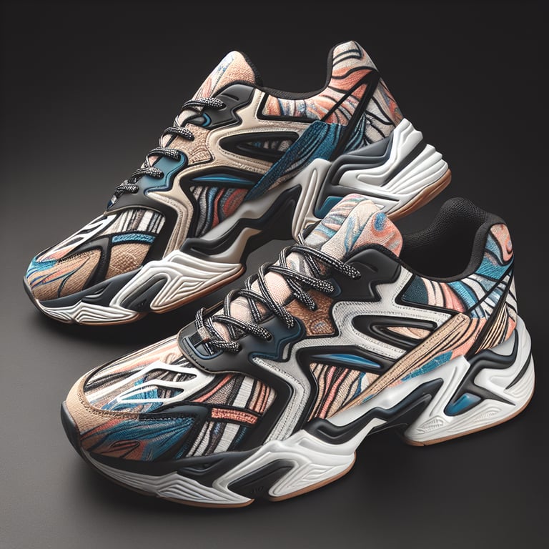 sneakers comfortable like Nike Air Max 90s with subtle abstract art designs