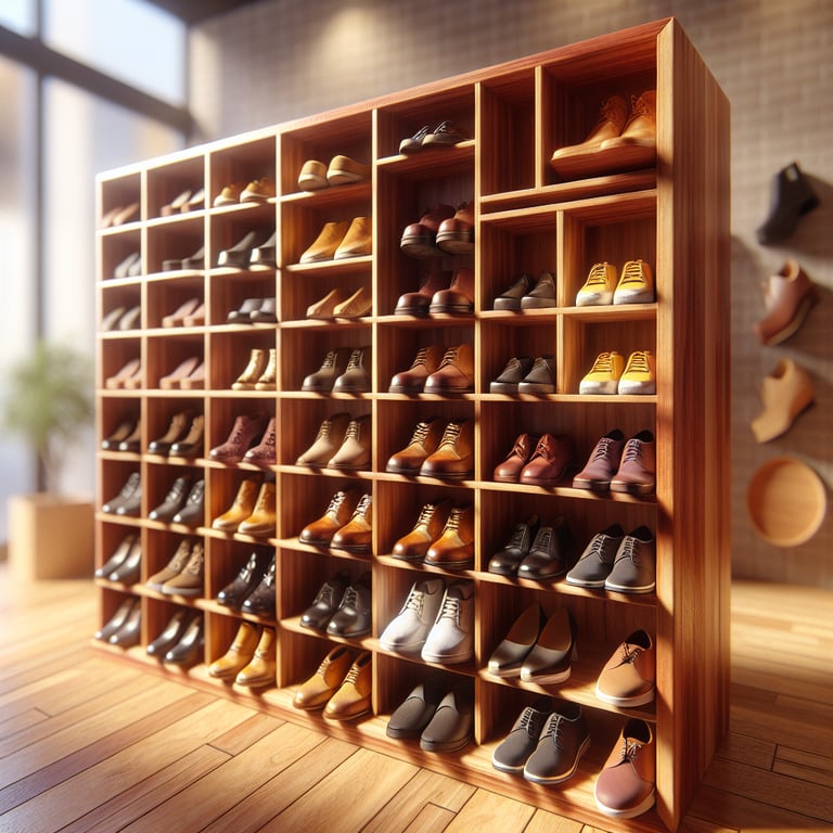 realistic product photo beautiful wooden shoe rack, about 3 feet wide with 4 vertical rows of shoes