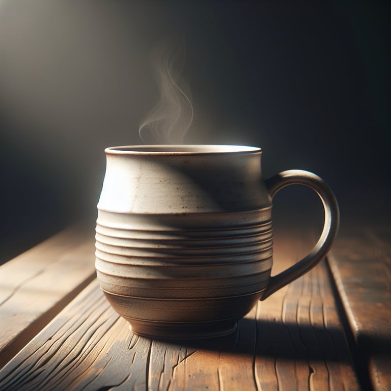 Realistic rendering of a handcrafted coffee mug, developed in a minimalist yet sophisticated artisan style. The product projects a homey appeal but still exhibits refinement, exhibiting the perfect union of practicability and elegance. An unpretentious yet tasteful design, soaked in a soft sheen, indicating the gentleness of human touch in its creation. It might be perched atop a rustic wooden table, adding a touch of warmth and charm. The light possibly ripples over its glaze, emphasizing its delicate structure and detailed workmanship.