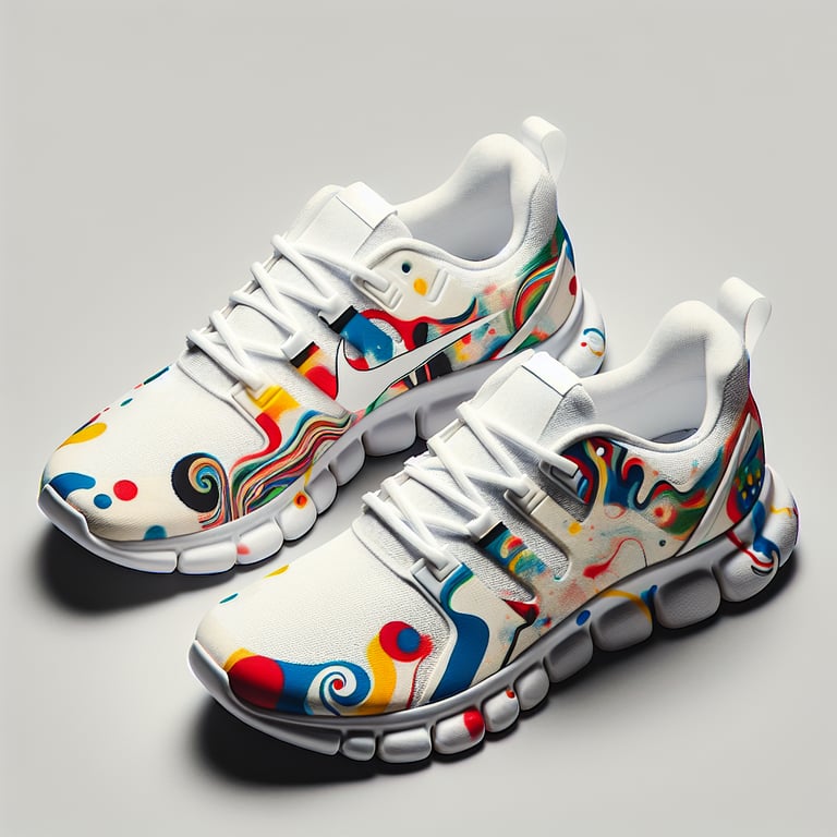 sneakers predominantly white with a small section featuring bright colors and abstract art, maintaining the comfort of Nike Air Max 90s