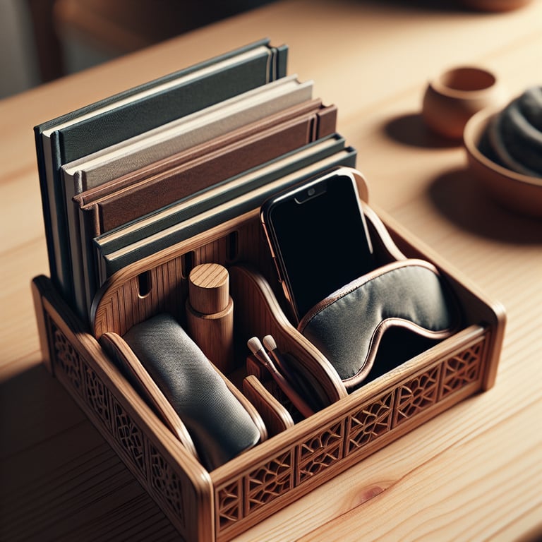Wooden organizer that holds books, phone, sleep mask and sits atop a nightstand