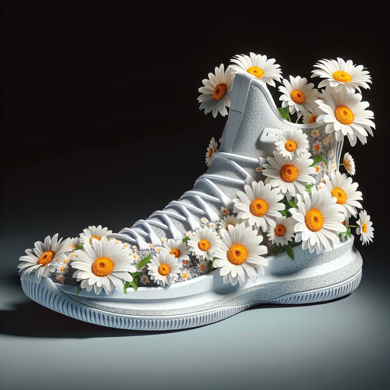 ultrarealistic product photo of nike air force shoes with lighthearted daisy design