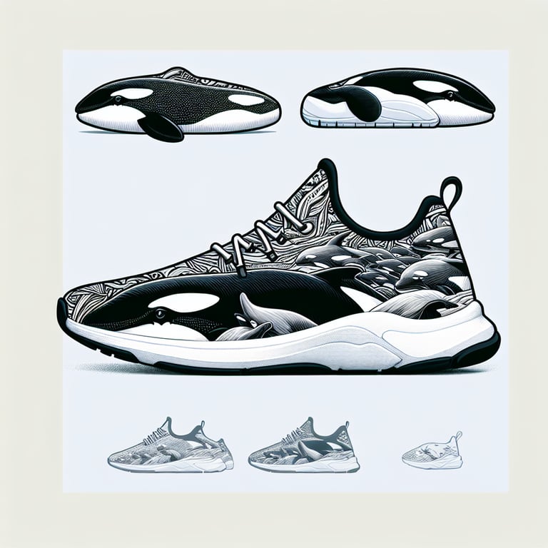 sneaker inspired by Pacific Northwest culture, featuring orca whale designs, full view