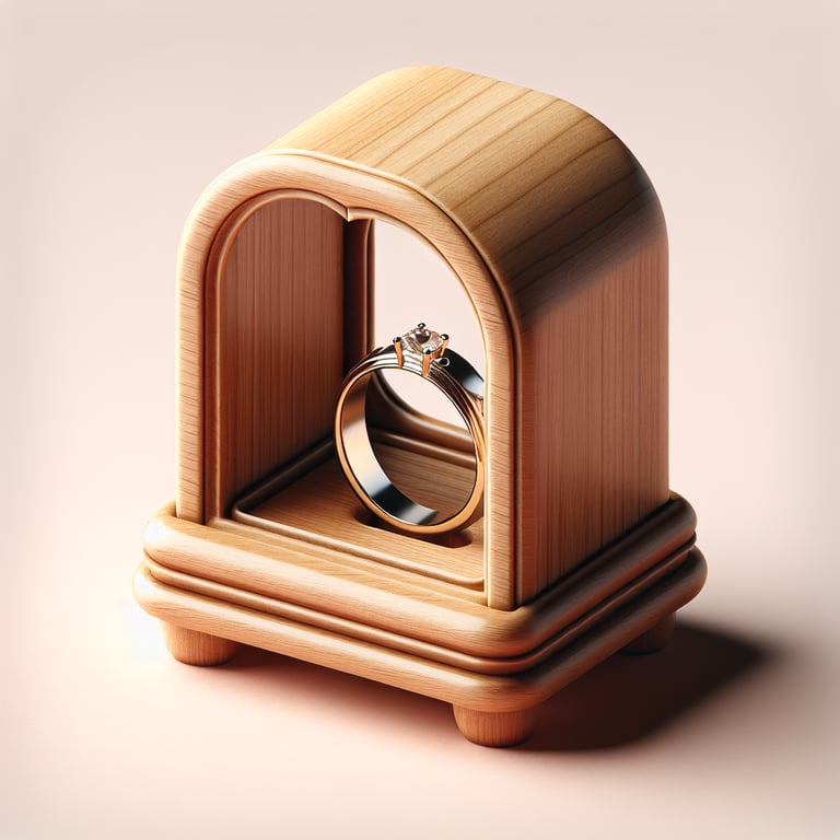 realistic product photo of a bedside holder for my wedding ring, made of elegant but simple wood. the ring should sit flat in the holder.