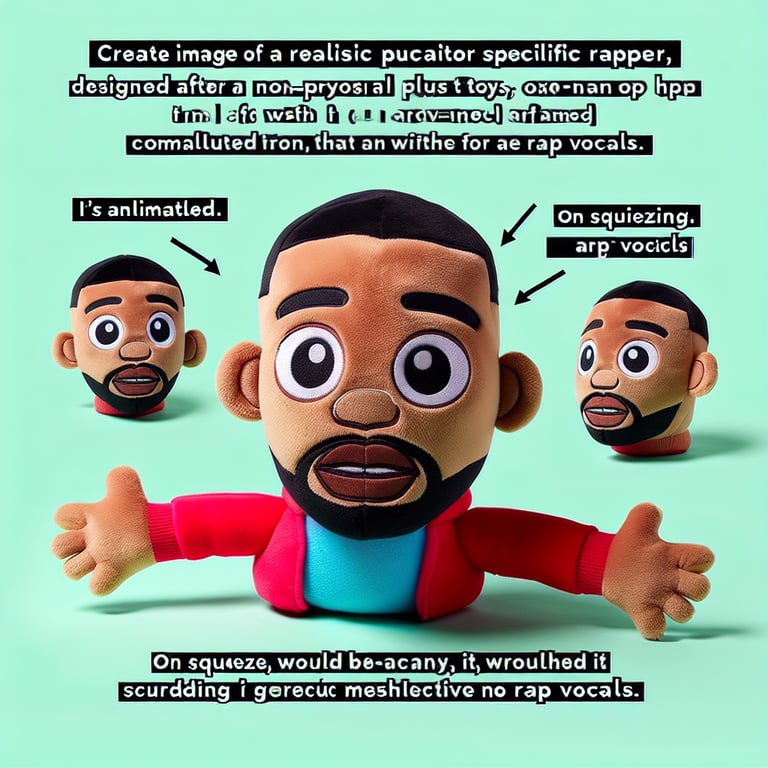 realistic rapper plushy with a more defined face, no text. The plushy is animated - it can move its arms and turn its head, and squeezing it produces rapping vocals