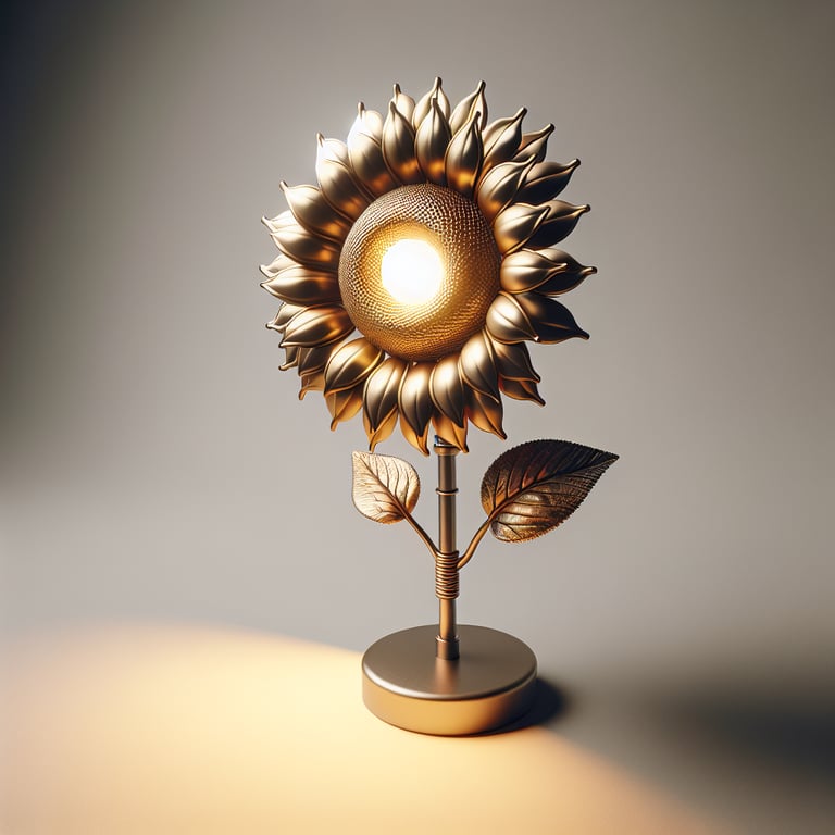 ultrarealistic product photo of a sun lamp in the shape of a sunflower. should be made from a combination of metal and plastic