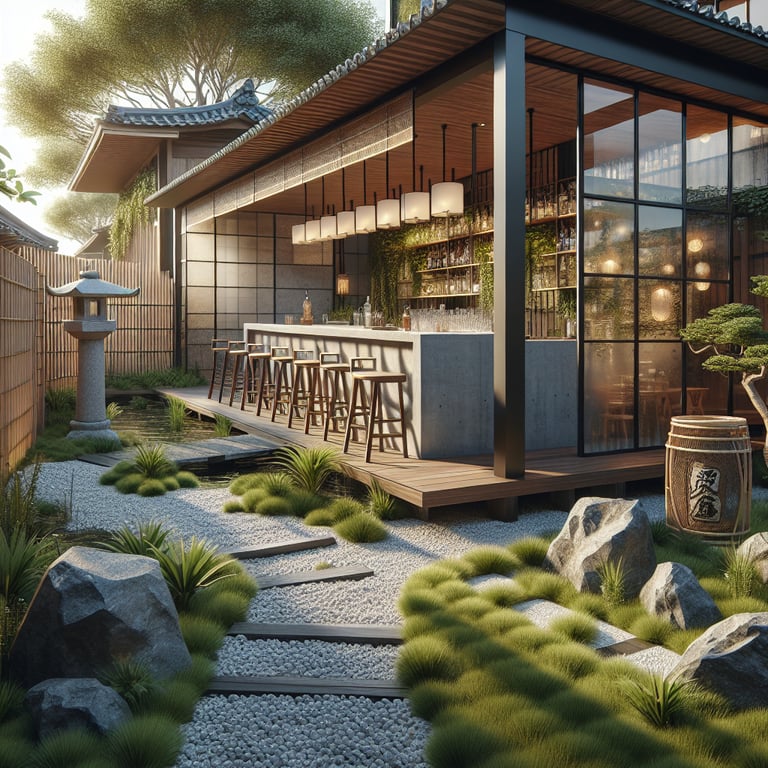 Generate a very realistic architectural render of a glassy Japanese-style backyard bar.