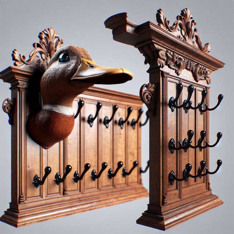 coat rack with a large mounted duck head at the top