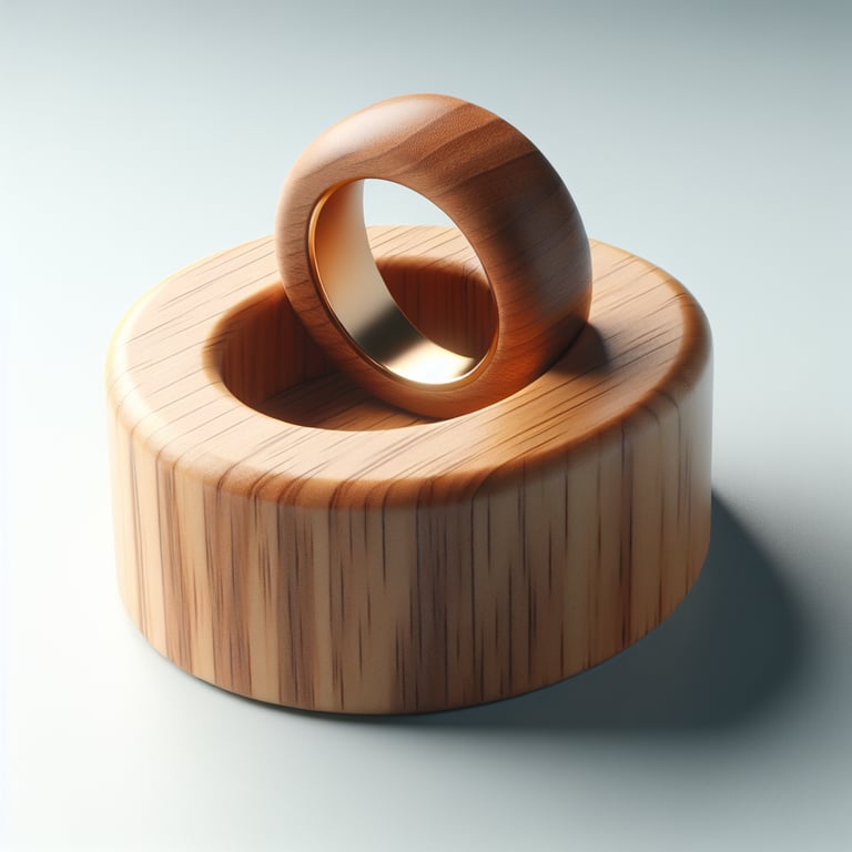 realistic product photo of a bedside holder for my wedding ring, made of elegant but simple wood.
