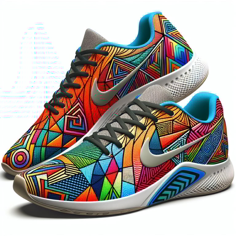 Nike shoes painted in the style of MC escher but more colorful. The basic shapes should be quite simple, though.