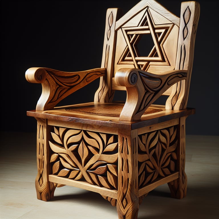 A wooden chair that is handcrafted with a Jewish star on it