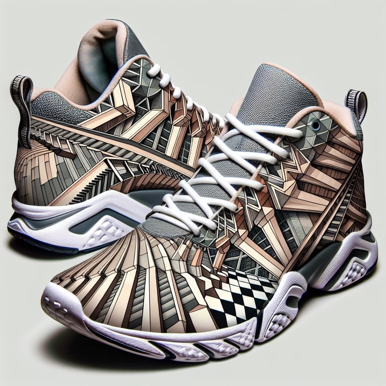 Nike shoes painted in the style of MC escher. There should be a few strong strokes and some light color.