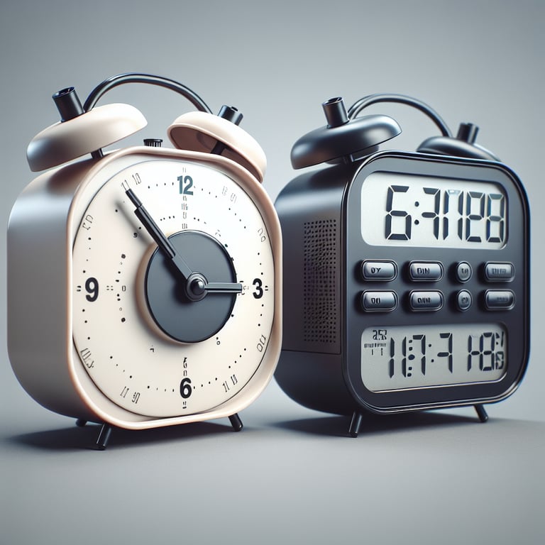 Realistic product photo of alarm clock that blends old school and modern designs. It is a very simple clock face that also displays the digital time. It has a compact single digital display, there is only one digital display on the clock. it is such a realistic photo that someone would be able to make a buying decision off of the image.