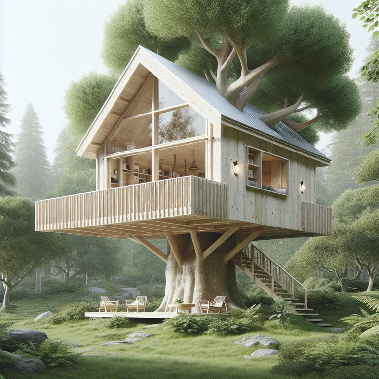 realistic product photos of a designer tree house in scandinavian style