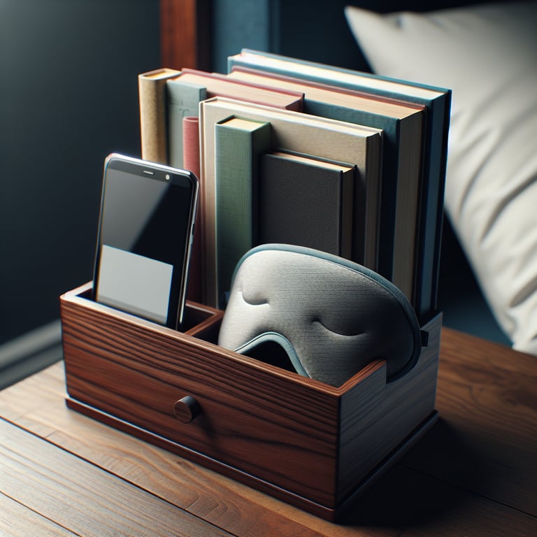 Wooden organizer that holds books, phone, sleep mask and sits atop a nightstand