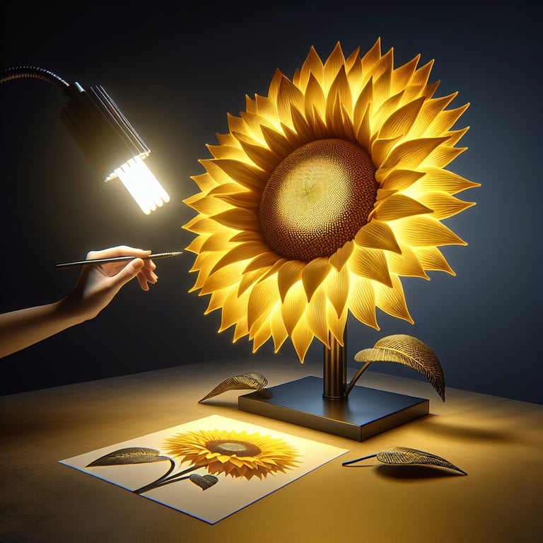 ultrarealistic product photo of a sun lamp in the shape of a sunflower. should be made from a combination of metal and plastic. the yellow should really pop on the sunflower petals.