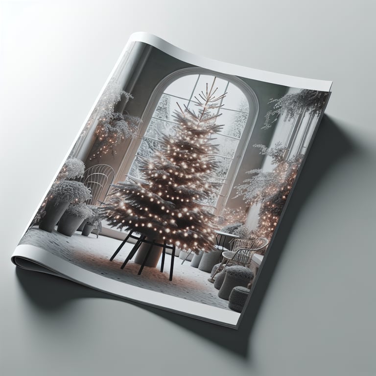 Create a magzazine-ready product photo of a tree decorated and lit up like a christmas tree, but one that works in a modern scandinavian designed house in the spring and summer, rather than just the winter.
