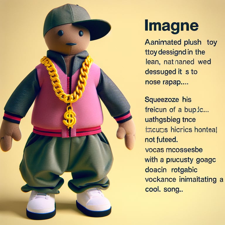 Imagine an animated plush toy designed in the shape of a rapper. This plushy is not lean, rather has a more rounded figure. It is fashioned as a South Asian descent individual. The unique features include movable arms and a head that can swivel from side-to-side. Squeezing the plushy triggers it to produce rhythmic vocals imitating a rap song. The outfit resembles typical hip-hop style clothing, with baggy pants, a large gold chain necklace, and a cool cap.
