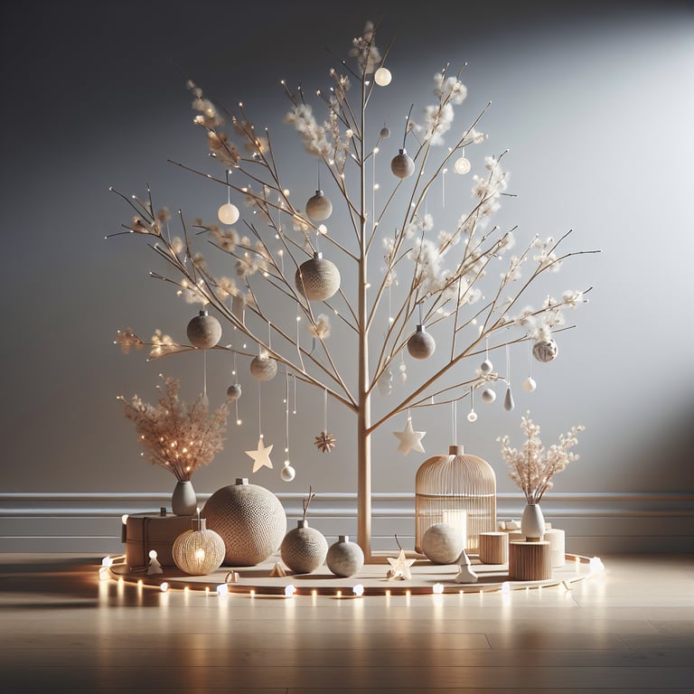 Create a magzazine-ready product photo of a tree decorated and lit up like a christmas tree, but one that works in a modern scandinavian designed house in the spring and summer, rather than just the winter.