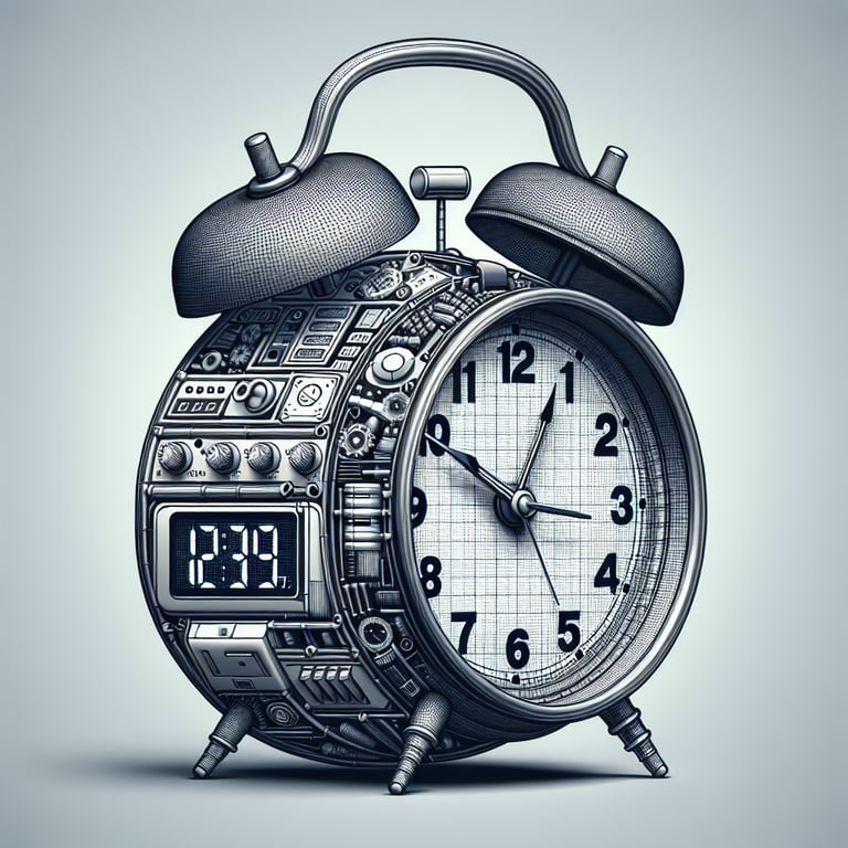 Realistic product photo of alarm clock that blends old school and modern designs. It is a very simple clock face that also displays the digital time.