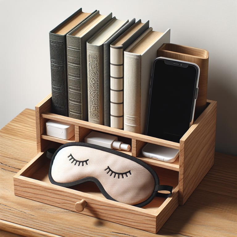 Wooden organizer that holds books, phone, sleep mask and sits atop a nightstand