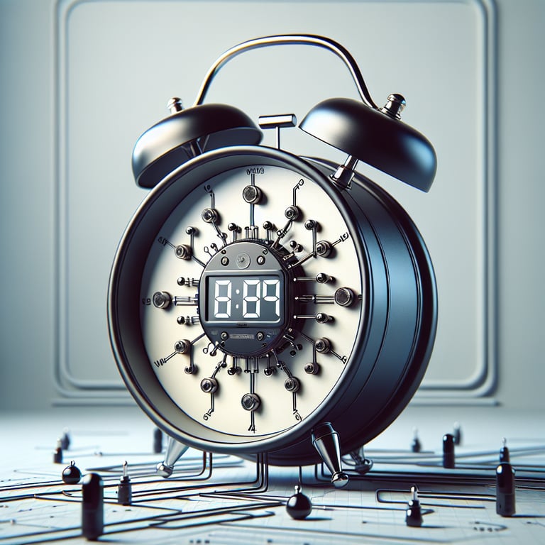 Realistic product photo of alarm clock that blends old school and modern designs. It is a very simple clock face that also displays the digital time. It has a compact single digital display, there is only one digital display on the clock. it is such a realistic photo that someone would be able to make a buying decision off of the image.