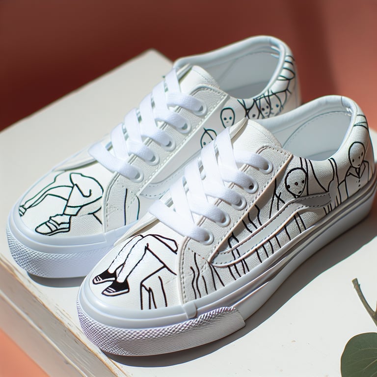 White shoes with subtle designs near the rear, painted in a style reminiscent of an illustrative and linear approach commonly seen in late 20th-century pop art. The designs should combine elements of cartoon-like figures, abstract forms, and bold lines.