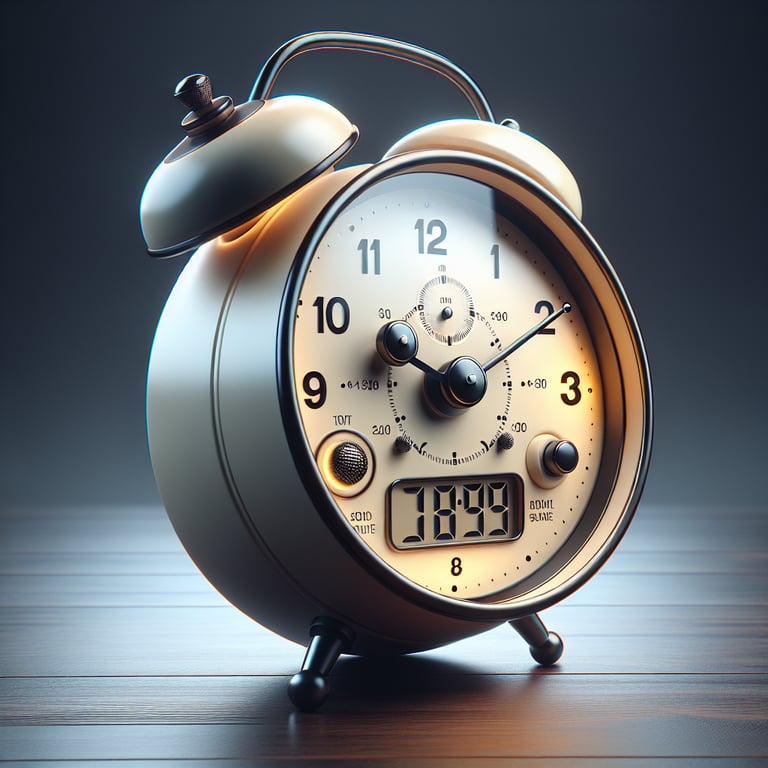 Realistic product photo of alarm clock that blends old school and modern designs. It is a very simple clock face that also displays the digital time. it is such a realistic photo that someone would be able to make a buying decision off of the image.