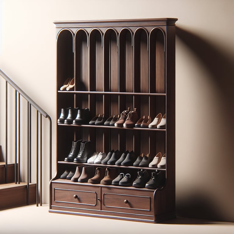 Dark wooden shoe rack that can hold over 12 pairs of shoes and fit next to a front door. It should be no more than three feet high.