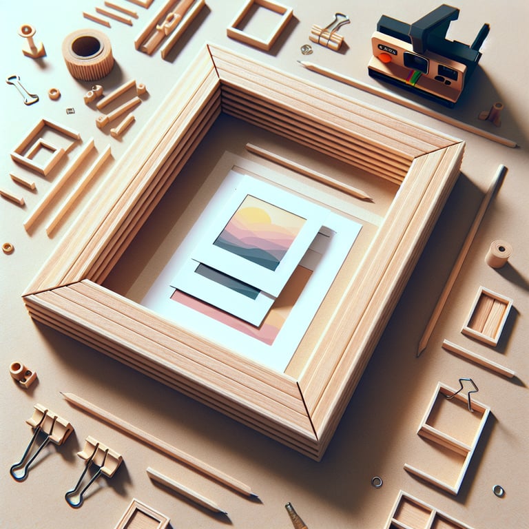 Create an image that represents a realistic design of a homemade frame designed to hold multiple Polaroid photos. The construction should emphasize simple materials such as wood or cardboard, showcasing a DIY aesthetic. It may include details such as the frame's texture, a wall mounting mechanism, and spaces designed to fit the unique dimensions of Polaroid photos.
