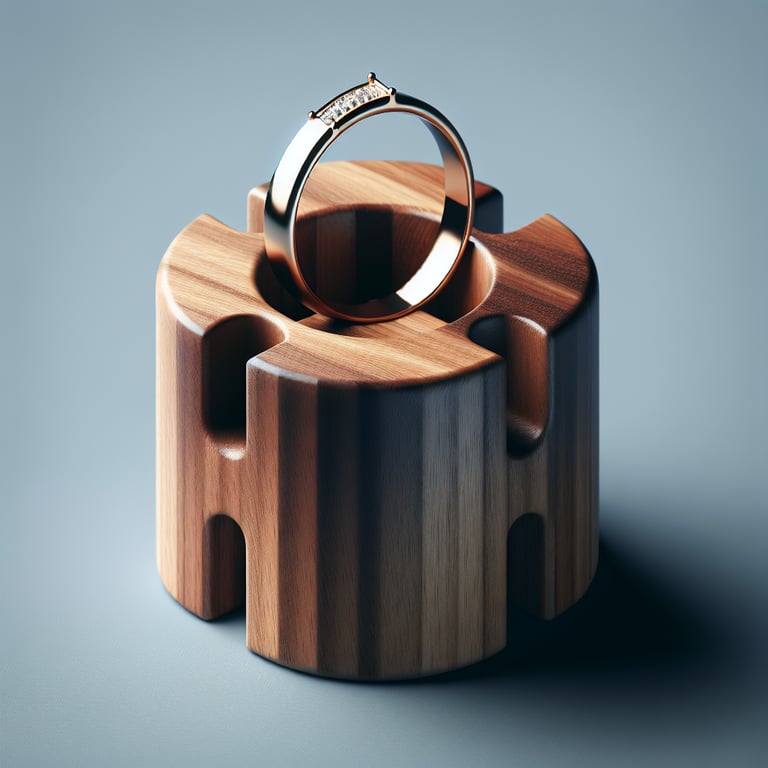 realistic product photo of a bedside holder for my wedding ring, made of elegant but simple wood.