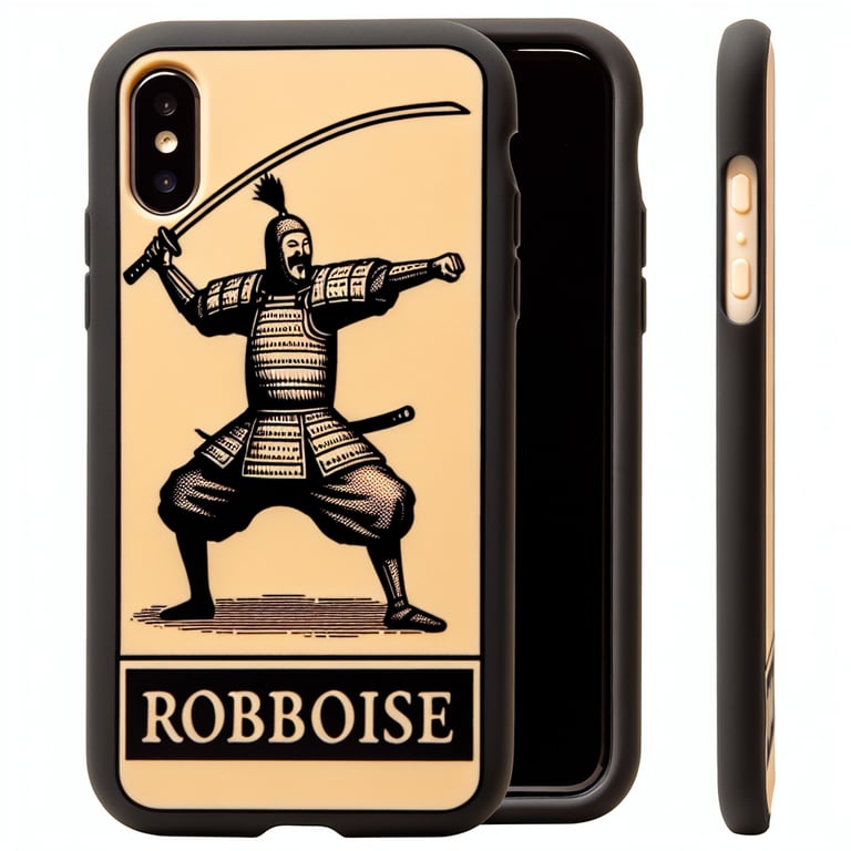 a rubber phone case with a swordsman meme printed on the back