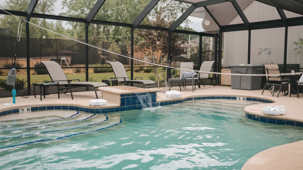 Outdoor swimming pool with lounge chairs and a covered patio area.