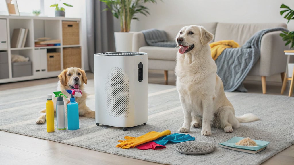 Two dogs with cleaning supplies and an air purifier in a living room.