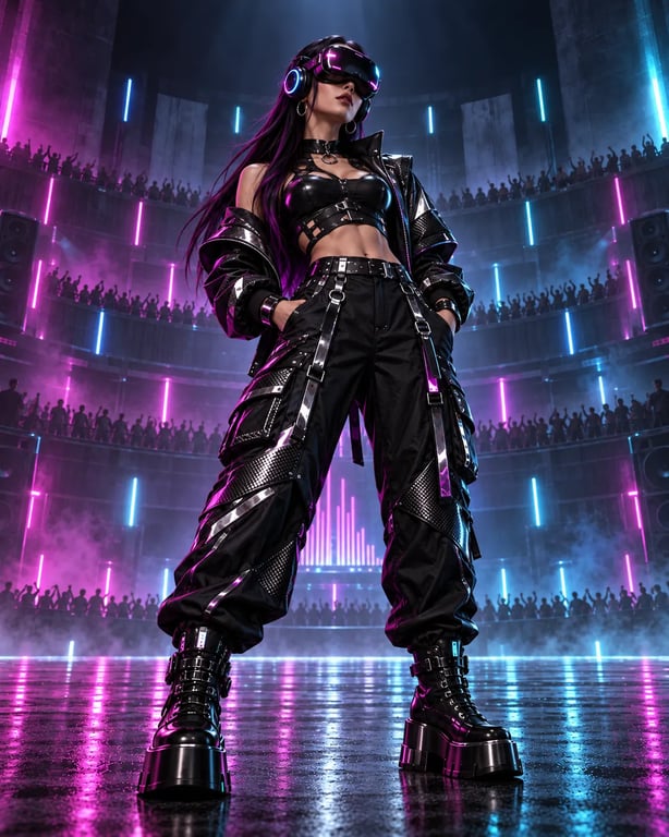 An expressive futuristic rave avatar wearing a VR headset