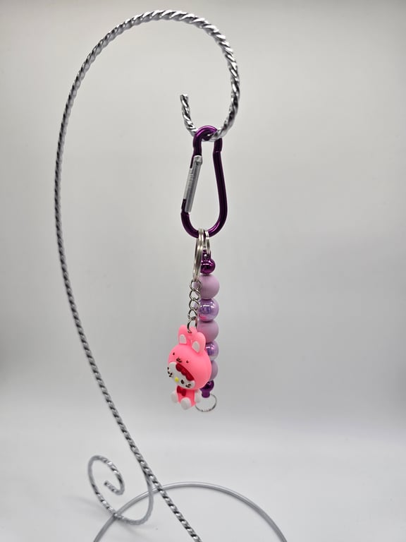 Pink and Purple Beaded Keychain with a Pink Hello-Kitty Charm