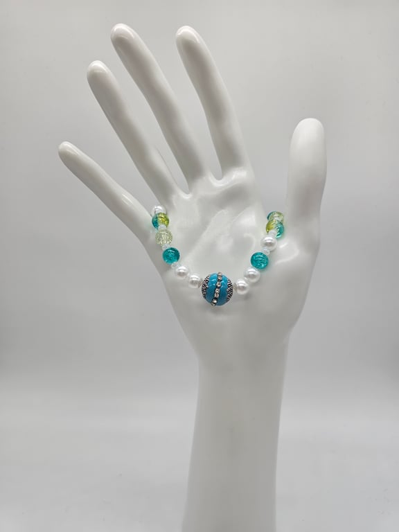 Sky Blue and White Beaded Stretch Bracelet