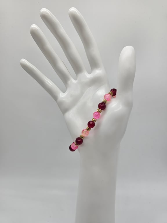Deep Red and Pink Beaded Bracelet