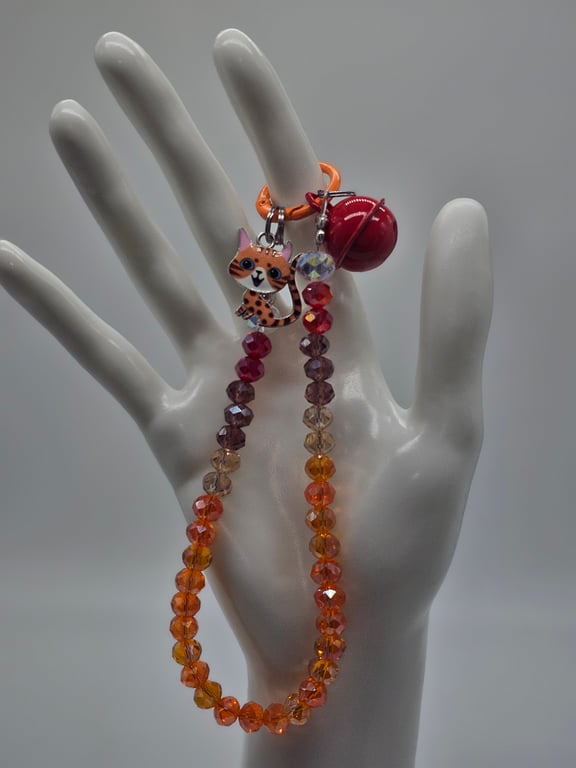 Orange and Pink Bead Wristlet with Cat Charms