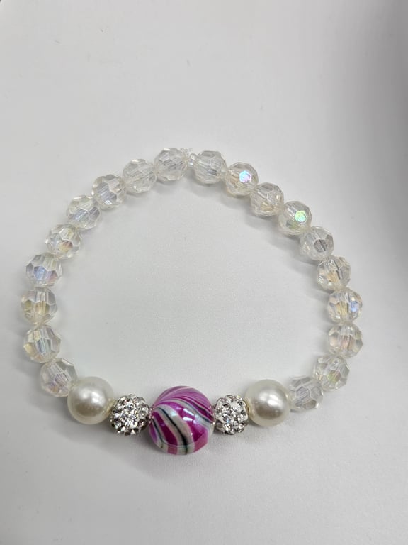 Purple and White Beaded Stretch Bracelet — photo 2