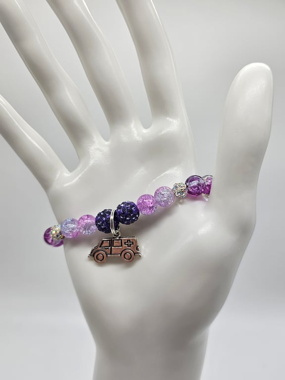 Purple Beaded Bracelet with Ambulance Charm