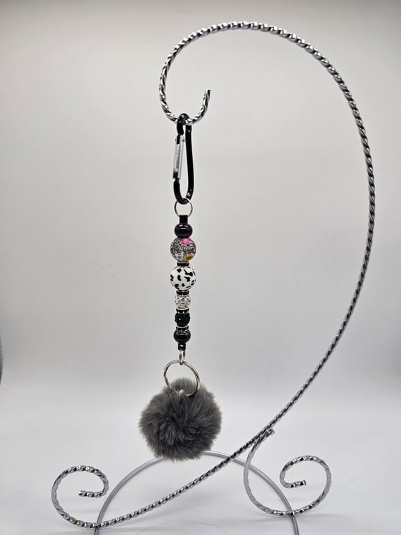 Black and White Beaded Keychain with Gray Pom-Pom
