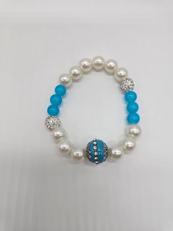 Sky Blue and Cream Beaded Bracelet with Silver Charms — photo 2
