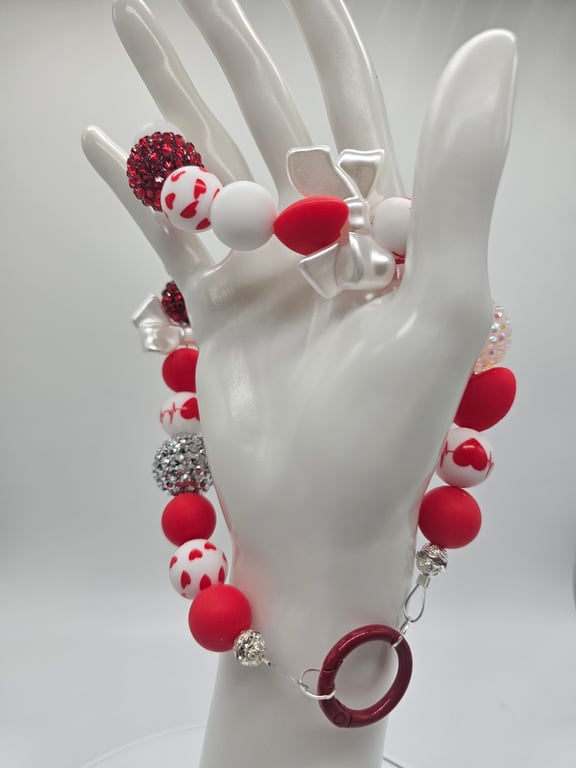 Red and White Beaded Phone Wristlet