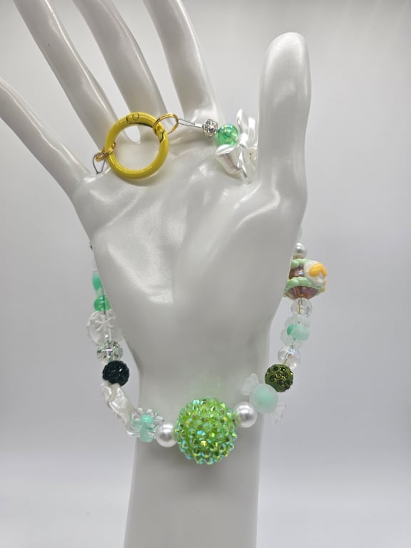 Green and Clear Beaded Wristlet with Cupcake Charm