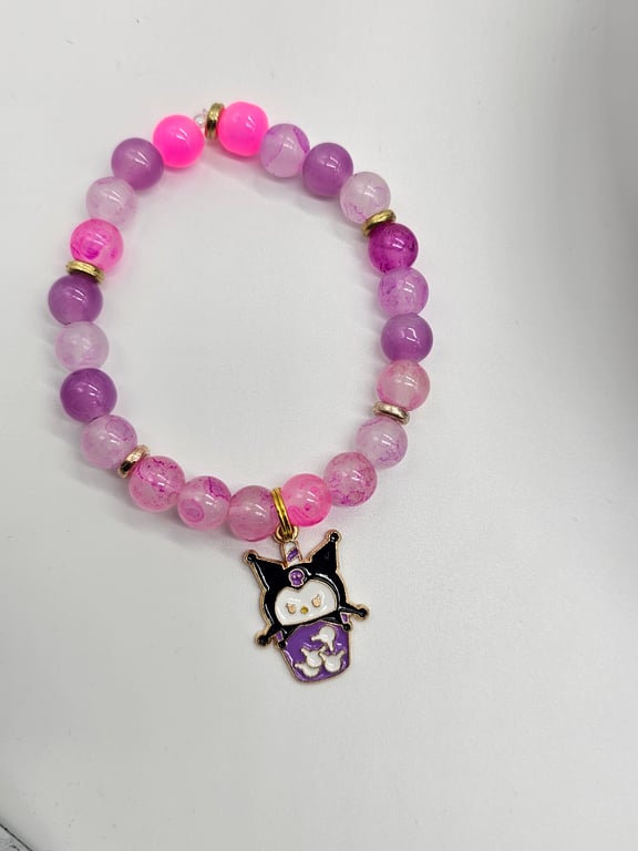 Purple and Pink Beaded Bracelet with Cat Charm — photo 2