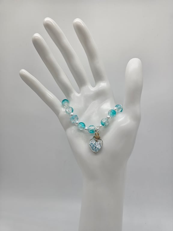 Sky Blue and Clear Beaded Stretch Bracelet with Silver Charm