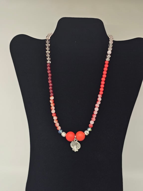 Coral and Red Bead Necklace with Silver Pomegranate Charm