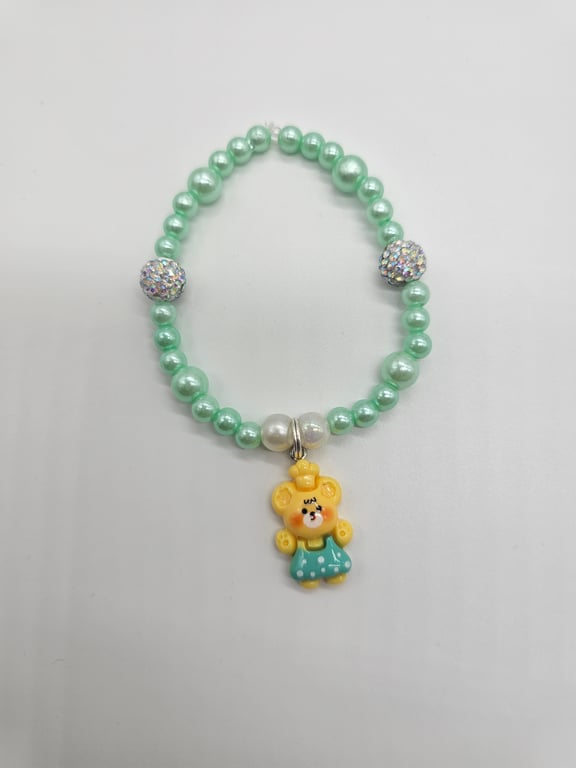 Mint Jade and White Beaded Bracelet with Yellow and Blue Teddy Bear Charm — photo 2
