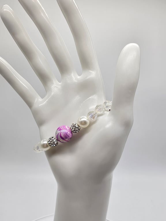 Purple and White Beaded Bracelet
